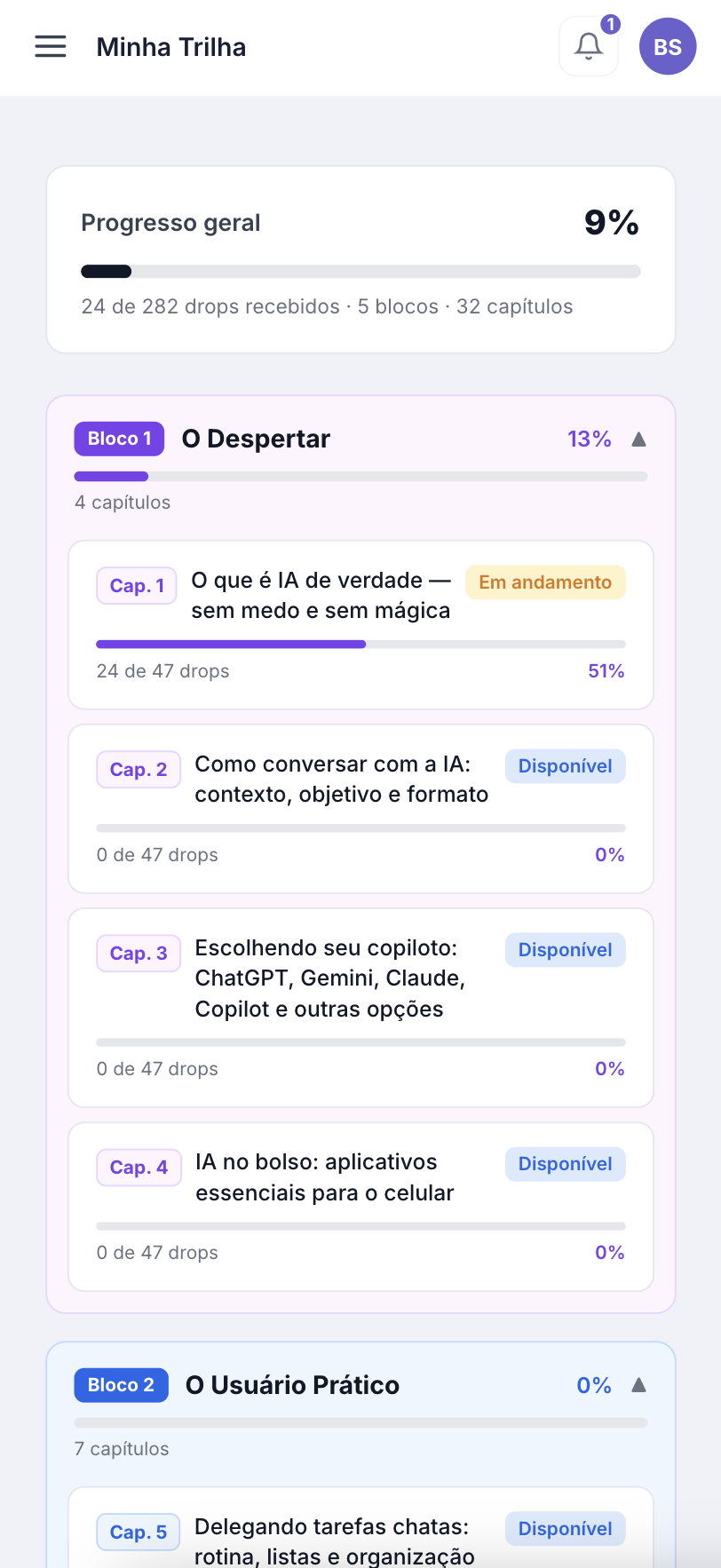 Trilha de progresso dos Knowledge Drops na plataforma Edutech